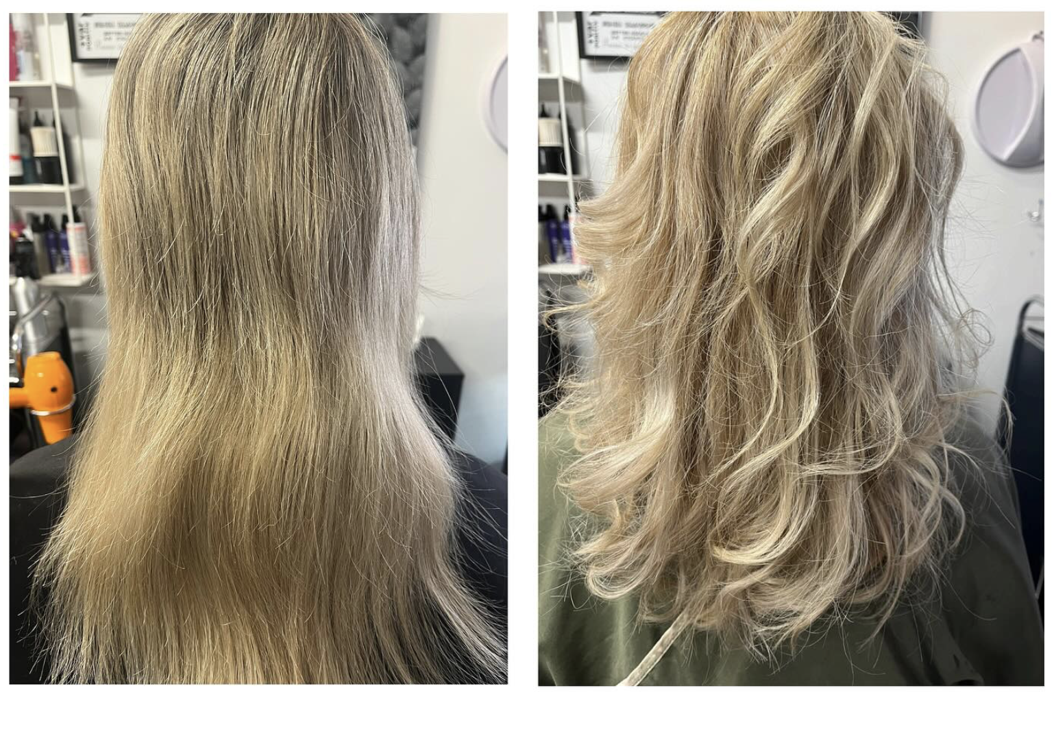 Före och efter av blond hårbehandling